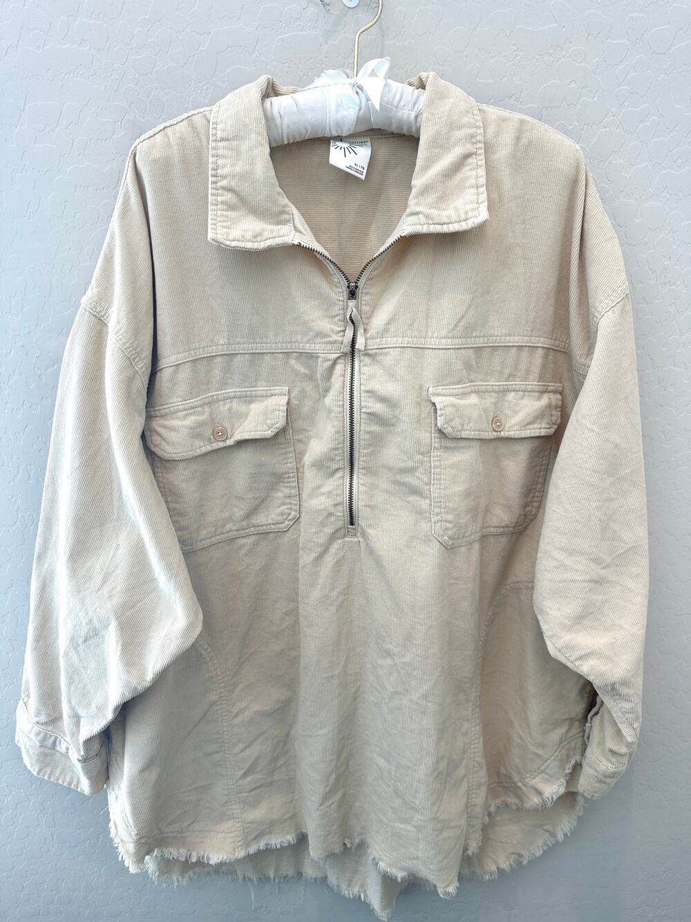 OFFLINE by AERIE Corduroy Half Zip Pullover Jacket Beige Oversized Frayed Hem XL
